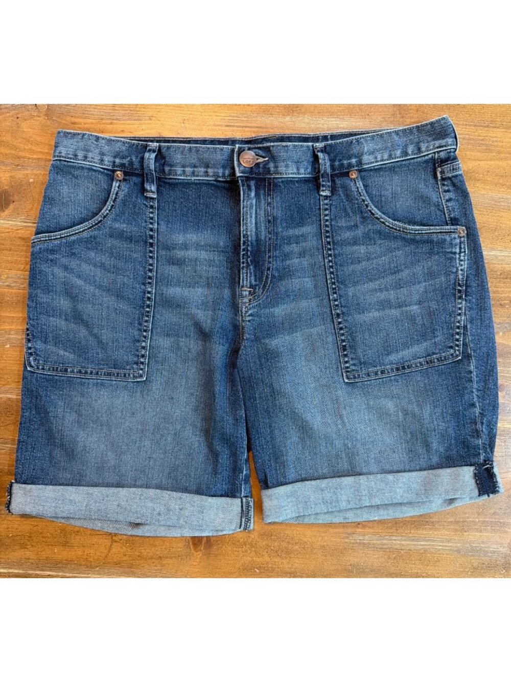 Ann Taylor Loft Denim Boyfriend Shorts Sz 10 Dark Wash Cotton Blend Cuffed Casua